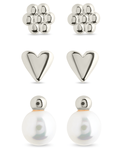 Sterling Silver Irene Pearl, Flower, & Heart Stud Earring Set of 3