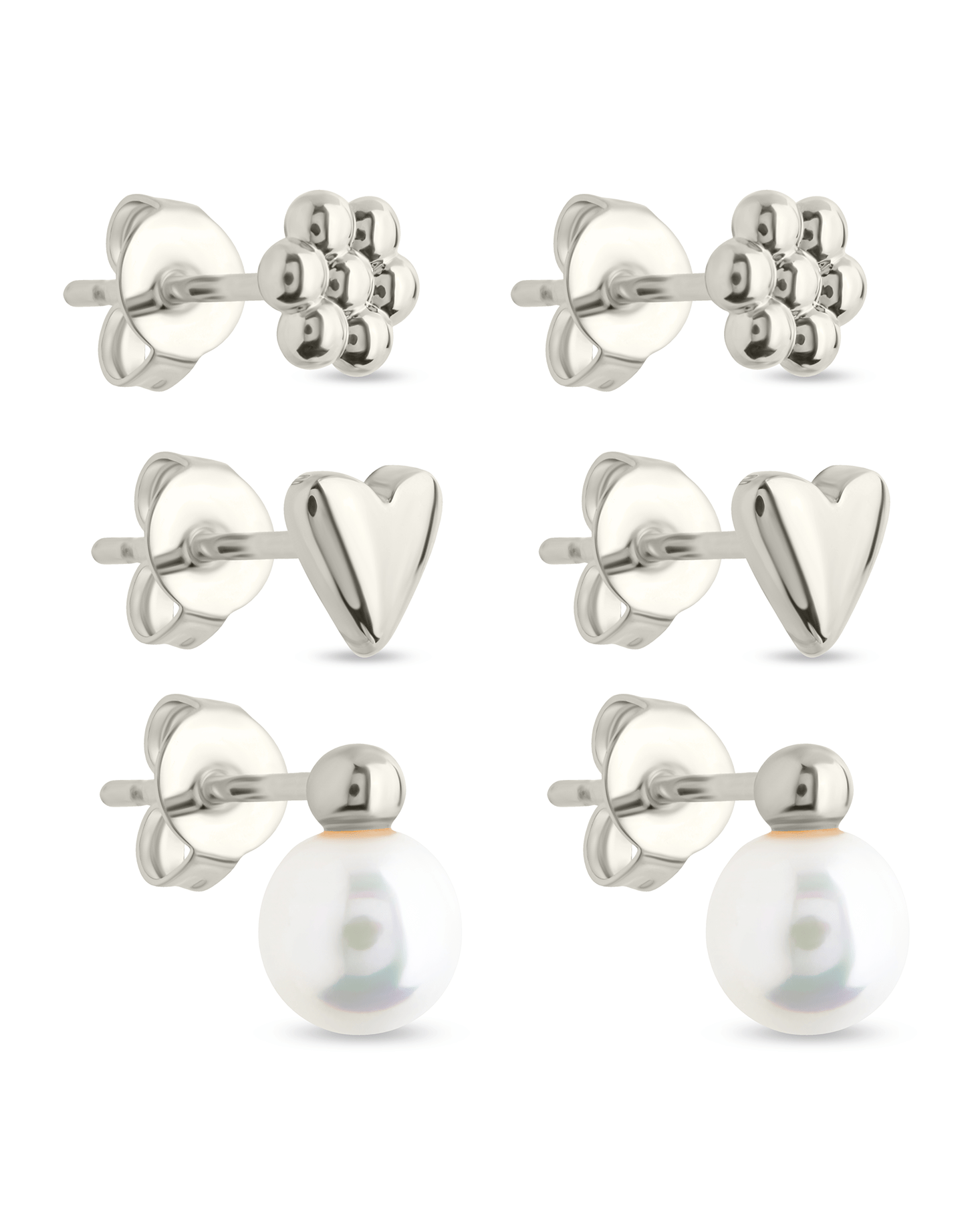 Sterling Silver Irene Pearl, Flower, & Heart Stud Earring Set of 3 Silver