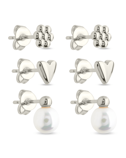 Sterling Silver Irene Pearl, Flower, & Heart Stud Earring Set of 3 Silver