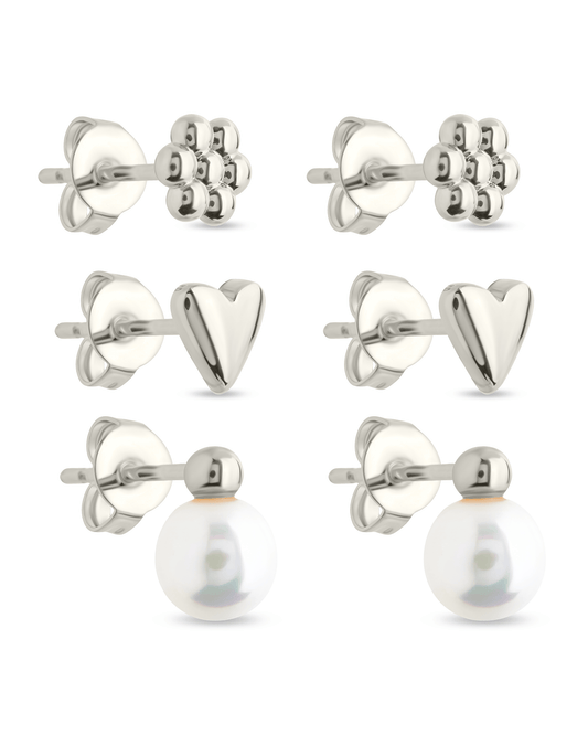 Sterling Silver Irene Pearl, Flower, & Heart Stud Earring Set of 3 Silver