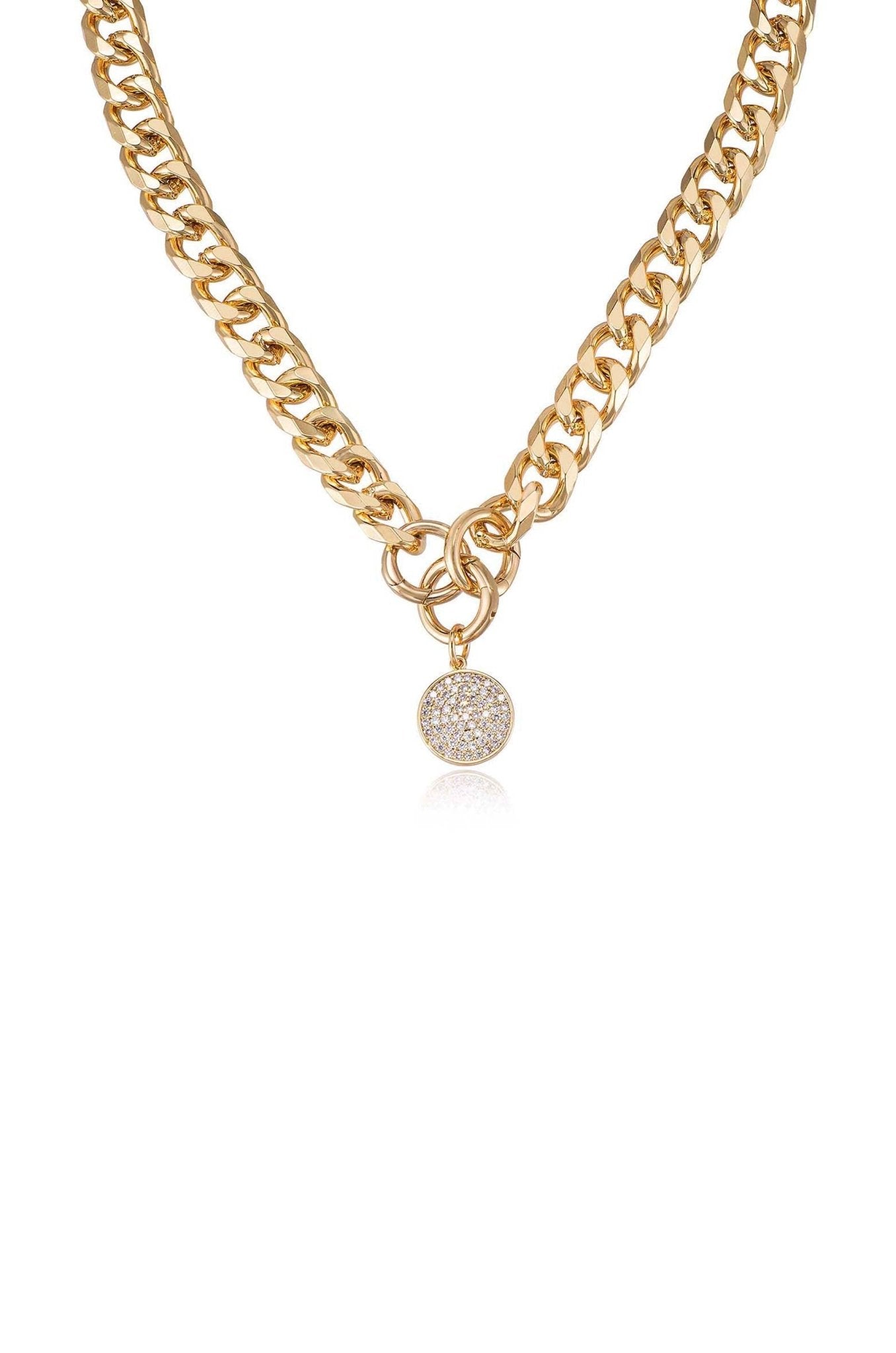 Crystal Disc Charm and Chain Necklace Clear Crystal with 18k Gold Plating One Size