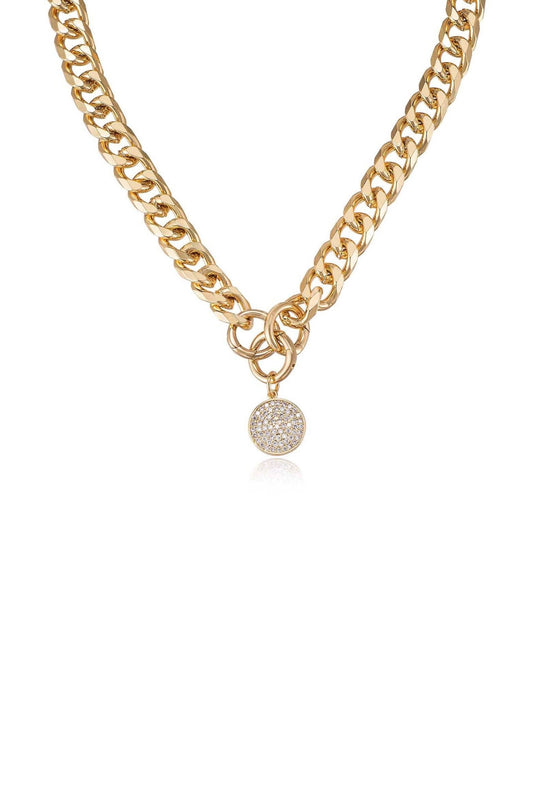 Crystal Disc Charm and Chain Necklace Clear Crystal with 18k Gold Plating One Size