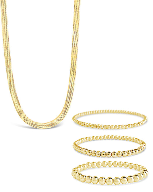 Beaded Bracelets & Herringbone Chain Necklace Set Gold