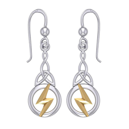 Zeus God Lightning Bolt with Celtic Trinity Knot Silver and Gold Earrings MER1966