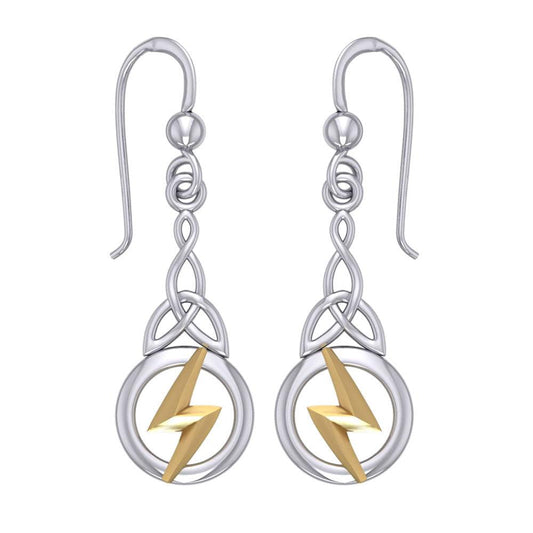 Zeus God Lightning Bolt with Celtic Trinity Knot Silver and Gold Earrings MER1966