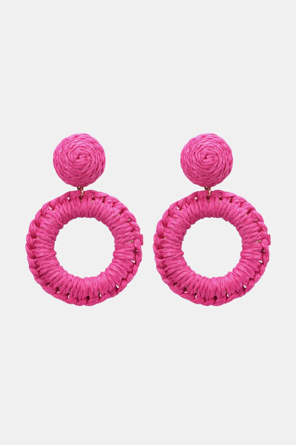 Round Shape Raffia Grass Dangle Earrings Hot Pink One Size