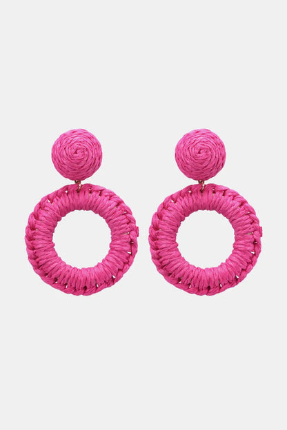 Round Shape Raffia Grass Dangle Earrings Hot Pink One Size