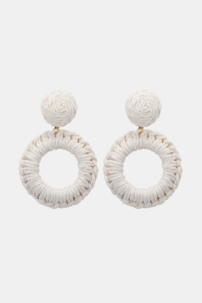 Round Shape Raffia Grass Dangle Earrings White One Size