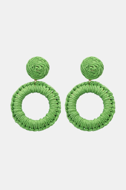 Round Shape Raffia Grass Dangle Earrings Green One Size