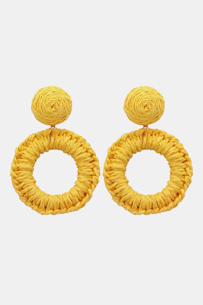 Round Shape Raffia Grass Dangle Earrings Yellow One Size