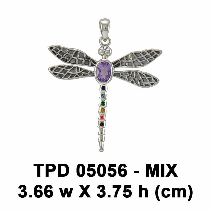 Spiritual Dragonfly Sterling Silver Pendant with Chakra Gemstone TPD5056