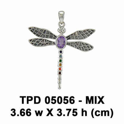 Spiritual Dragonfly Sterling Silver Pendant with Chakra Gemstone TPD5056