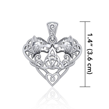 Wolves with Celtic Triquetra in Heart Sterling Silver Pendant TPD5212