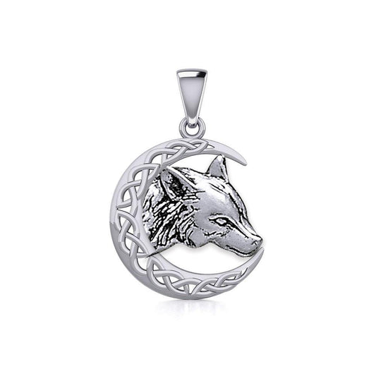 Wolf with Celtic Crescent Moon Silver Pendant TPD5726