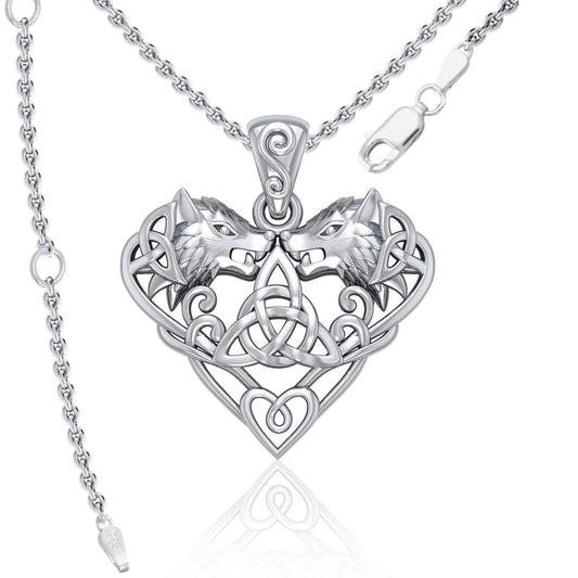 Wolves with Celtic Triquetra in Heart Sterling Silver Pendant TPD5212 Pendant With 18" Chain
