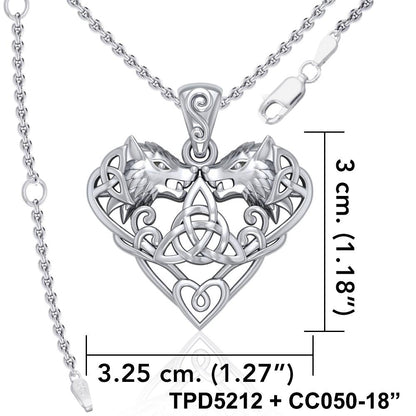 Wolves with Celtic Triquetra in Heart Sterling Silver Pendant TPD5212