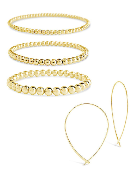 Beaded Bracelet & Delicate Threader Earrings Set Gold