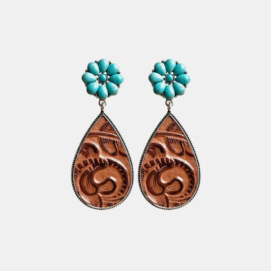 Turquoise Flower Teardrop Earrings Brown One Size