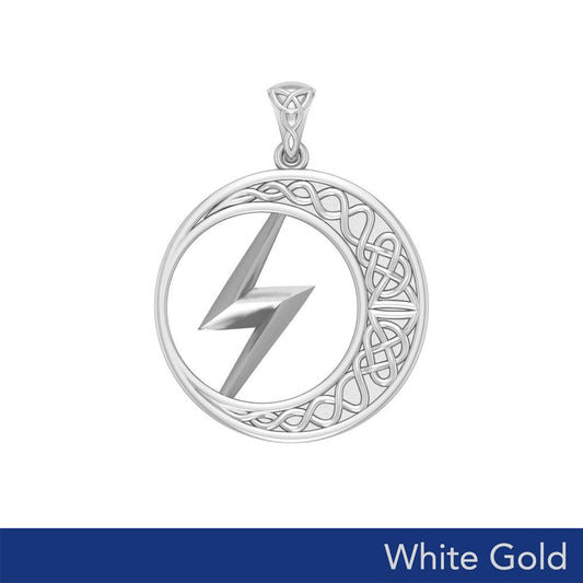 Zeus God Lightning Bolt with Celtic Crescent Moon Solid White Gold Pendant WPD5900