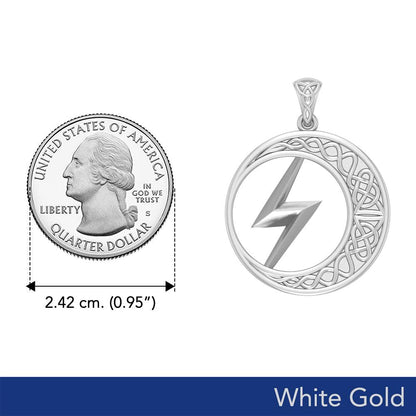 Zeus God Lightning Bolt with Celtic Crescent Moon Solid White Gold Pendant WPD5900