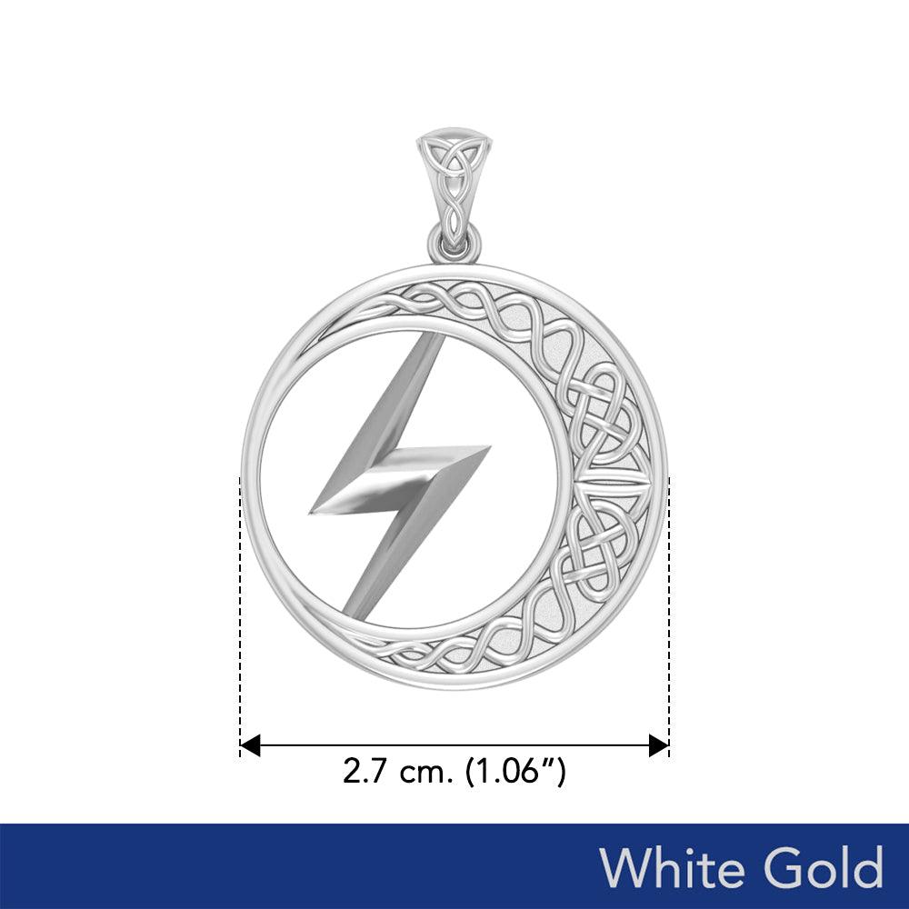 Zeus God Lightning Bolt with Celtic Crescent Moon Solid White Gold Pendant WPD5900