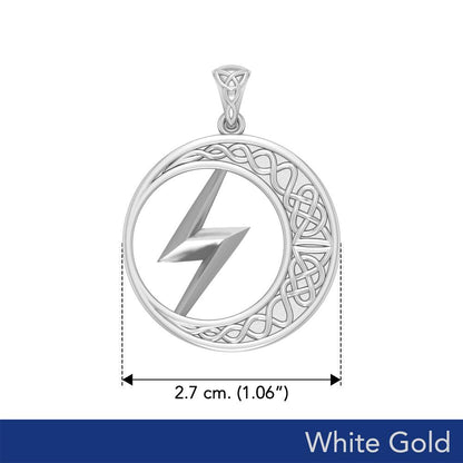 Zeus God Lightning Bolt with Celtic Crescent Moon Solid White Gold Pendant WPD5900