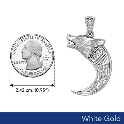 Wolf with Celtic Viking Norse Horn Solid White Gold Pendant WPD5979