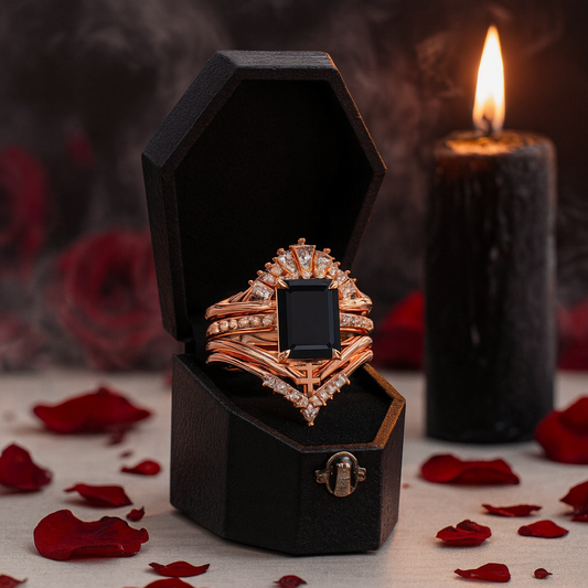You Are Worth It- Black Emerald Cut Diamond Gothic Promise Ring Set