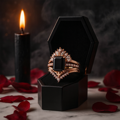 You Are Worth It- Black Emerald Cut Diamond Gothic Promise Ring Set