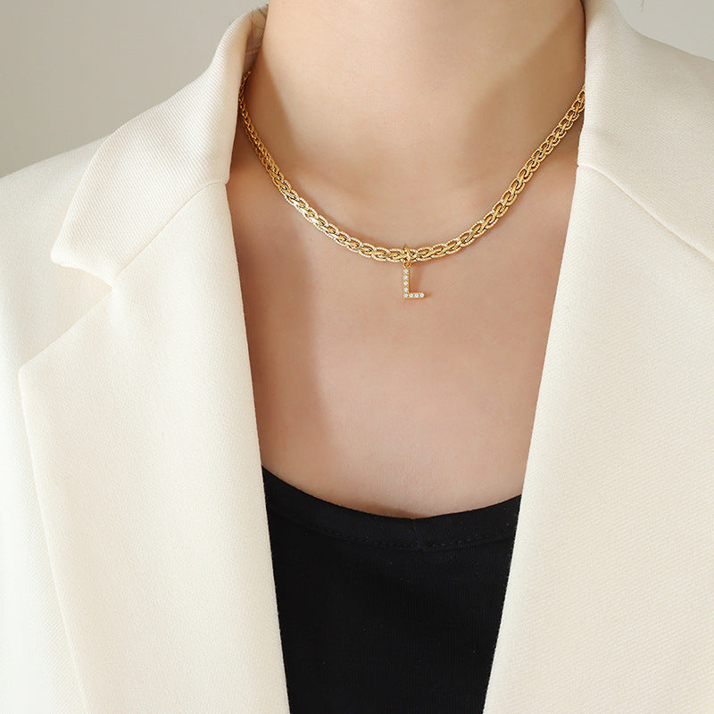 Brass Inlaid Zircon Letter Pendant Necklace Style L One Size