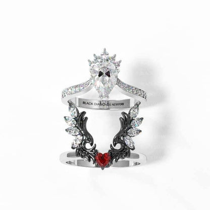 Angel's Wings- 14k White Gold Pear Cut and Red Heart Diamond Gothic Promise Ring