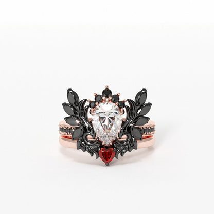 Angel's Wings- 14k White Gold Pear Cut and Red Heart Diamond Gothic Promise Ring Silver+Rose Gold Plating