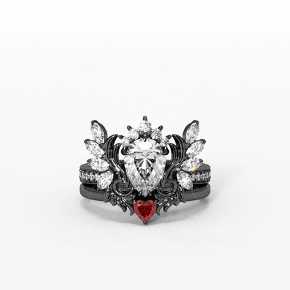 Angel's Wings- 14k White Gold Pear Cut and Red Heart Diamond Gothic Promise Ring Silver+Black Gold Plating