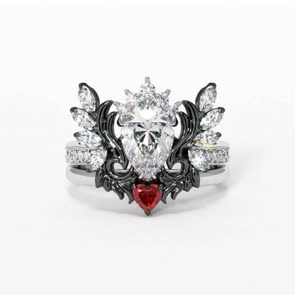 Angel's Wings- 14k White Gold Pear Cut and Red Heart Diamond Gothic Promise Ring 14k White Gold