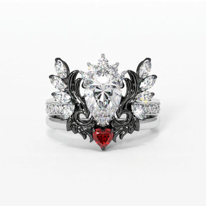 Angel's Wings- 14k White Gold Pear Cut and Red Heart Diamond Gothic Promise Ring