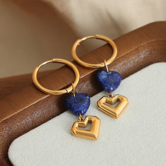 Heart Shape Lapis Lazuli Dangle Earrings Dark Blue One Size