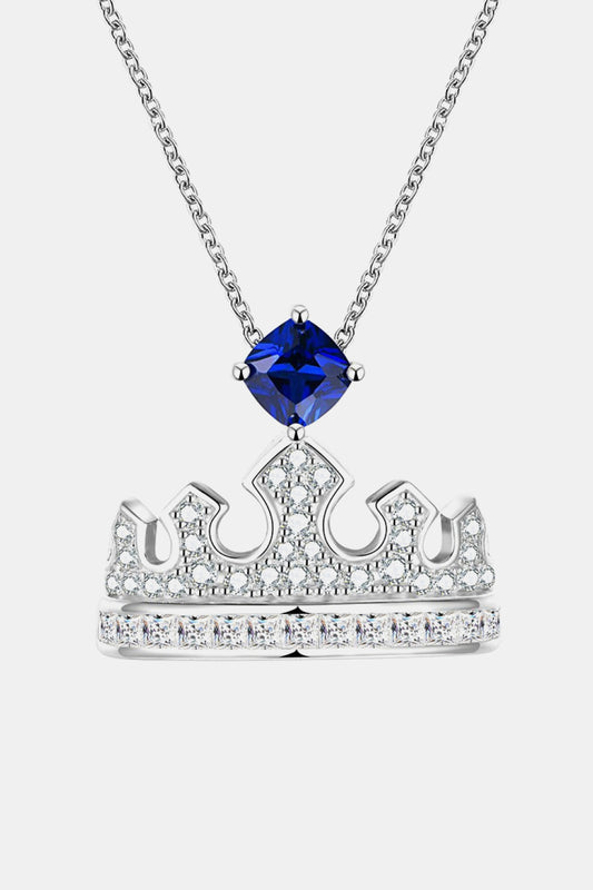 Zircon Lab-Grown Sapphire Crown Shape Pendant Necklace Royal Blue One Size