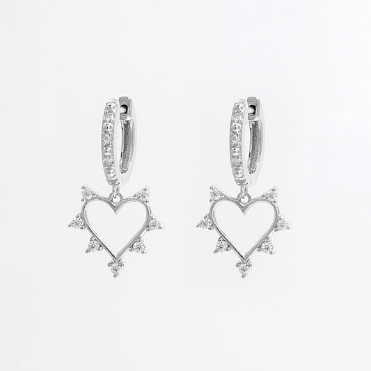 925 Sterling Silver Inlaid Zircon Heart Dangle Earrings Silver One Size