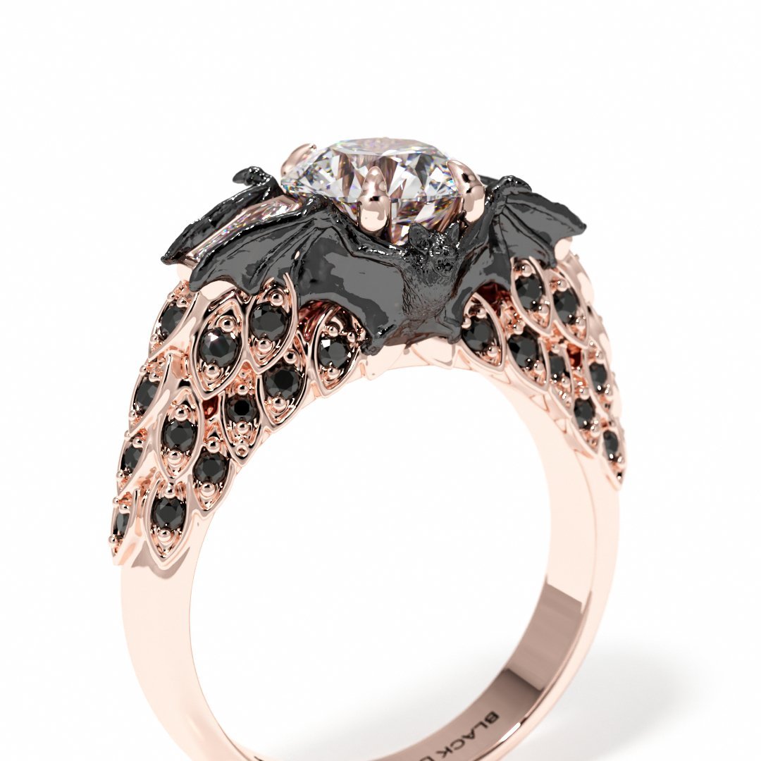 Bat's Kiss Promise Ring- 1.5 Ct Round and Coffin Cut Diamond Gothic Ring.