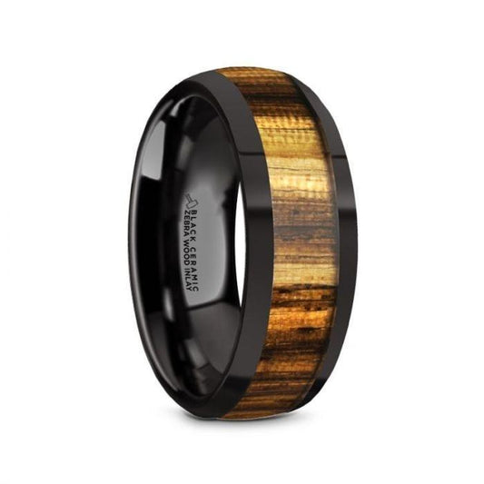 ZERRA Black Ceramic Polished Finish Men’s Domed Wedding Ring with Zebra Wood Inlay - 8mm 8mm