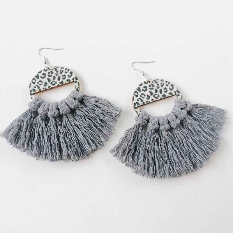Tassel Detail Leopard Drop Earrings Dark Gray One Size