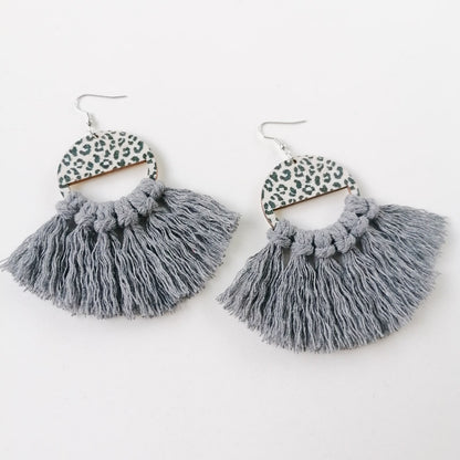 Tassel Detail Leopard Drop Earrings Dark Gray One Size
