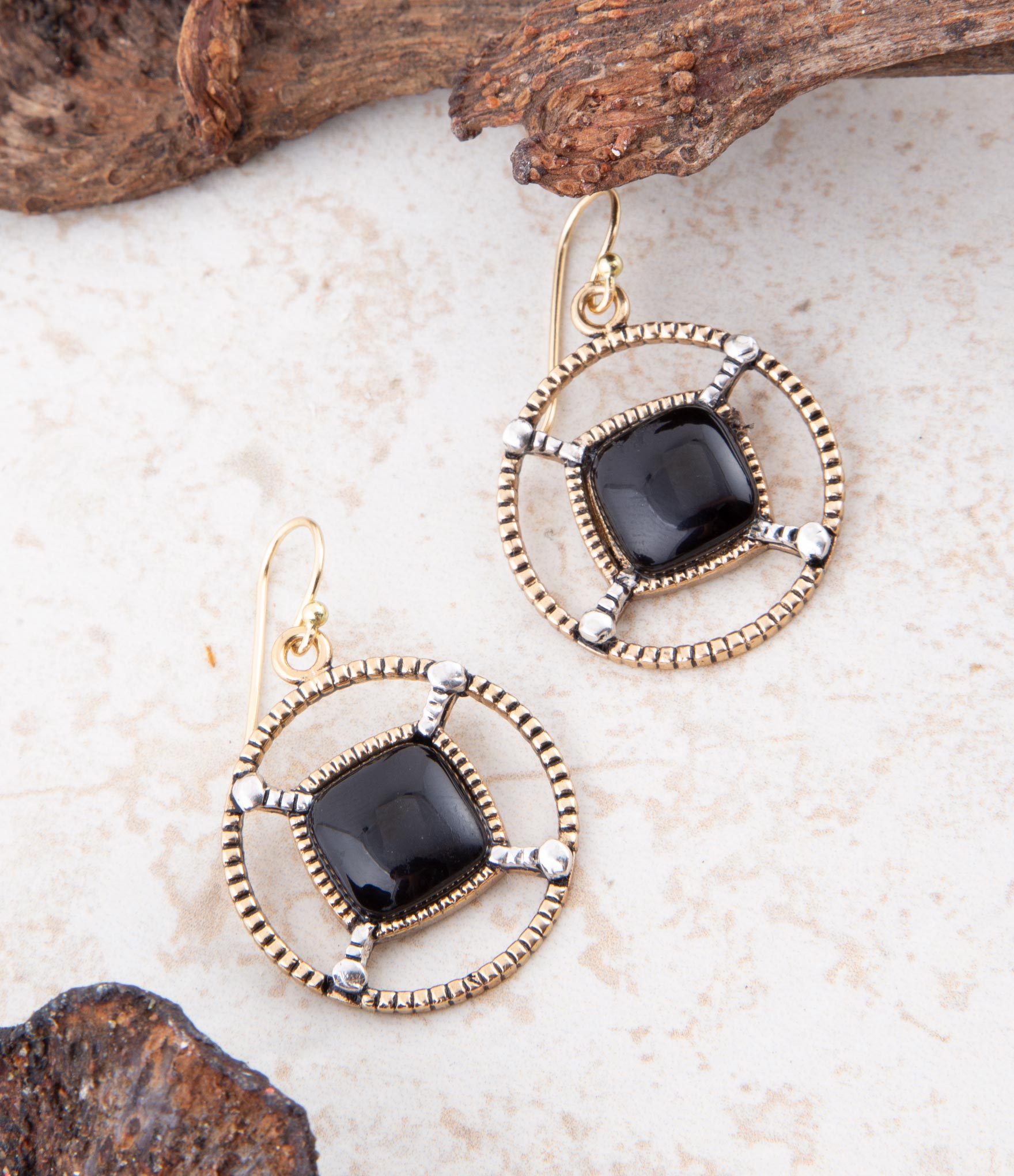 Black Onyx Mixed Metal Drop Earrings.