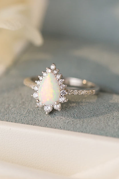 Platinum-Plated Opal Pear Shape Ring Silver