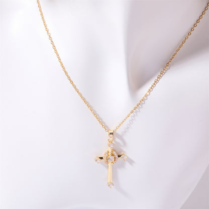 Stainless Steel Inlaid Zircon Cross Necklace Style B One Size