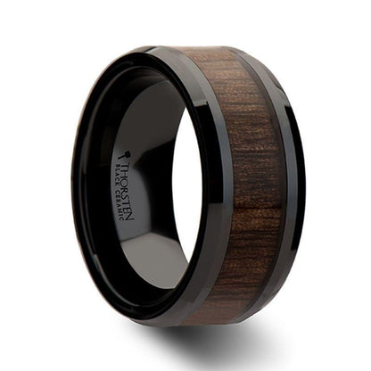 YUKON Beveled Black Ceramic Ring with Black Walnut Wood Inlay - 10mm 10mm