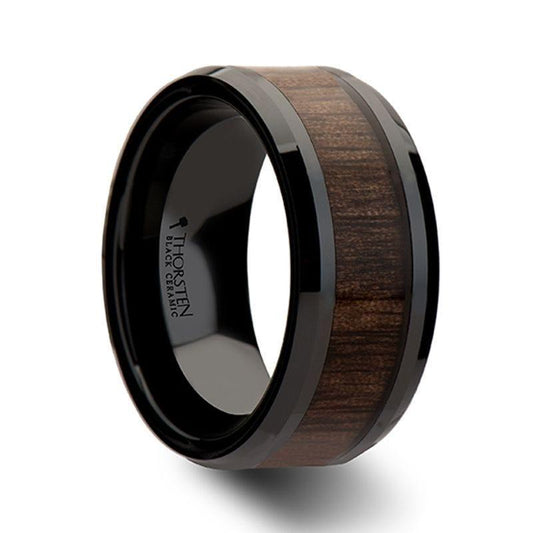 YUKON Beveled Black Ceramic Ring with Black Walnut Wood Inlay - 10mm 10mm