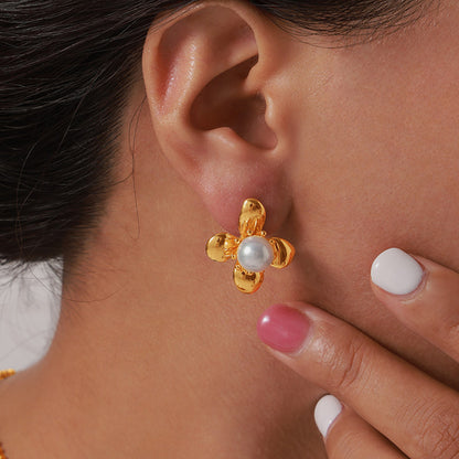 Synthetic Pearl Titanium Steel Flower Earrings Gold One Size