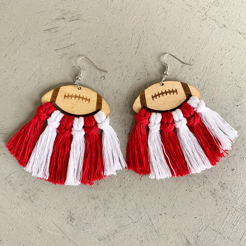 Fringe Detail Football Shape Wooden Dangle Earrings Red White One Size