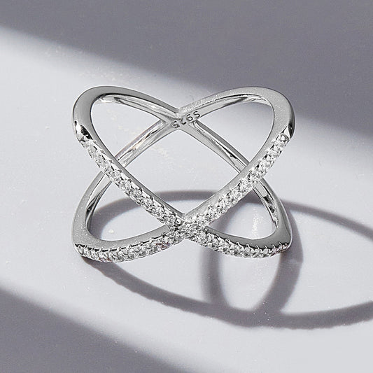 X Shape Inlaid Zircon 925 Sterling Silver Ring Silver